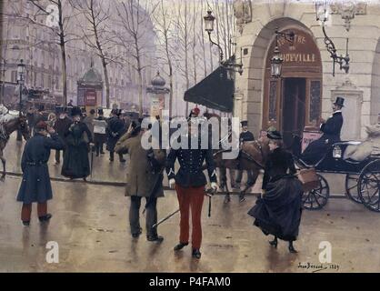 Der Boulevard des Capucines und die Vaudeville Theater - 1889 - 35x51cm - Öl auf Leinwand - französischen Impressionismus. Autor: Jean Beraud (1849-1935). Lage: Museo de Arte Moderno DE LA VILLA DE PARIS, Frankreich. Auch als: EL BULEVAR DE LOS CAPUCHINOS Y EL TEATRO DE VODEVIL bekannt. Stockfoto