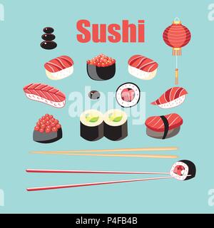 Vektor hell set von Sushi und Brötchen mit Fisch auf einem blauen Hintergrund Stock Vektor