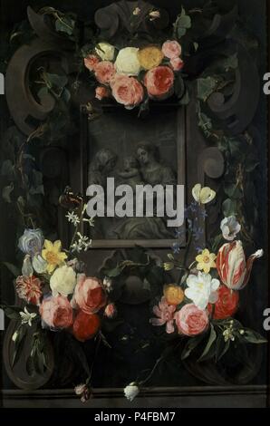 LA VIRGEN Y EL NIÑO CON SANTA ANA EN UN MARCO FLORIDO - SIGLO XVII - BARROCO FLAMENCO. Autor: Daniel Seghers (1590-1661). Ort: Kunsthistorisches Museum / MUSEO DE BELLAS ARTES, Wien, Österreich. Stockfoto