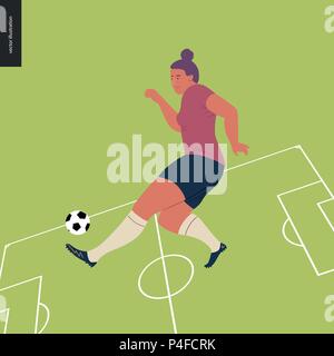 Frauen im europäischen Fußball, soccer Player - Flachbild Vector Illustration - junge Frau trägt der europäische Fußball Spieler Ausrüstung kicken Fußball auf Bac Stock Vektor