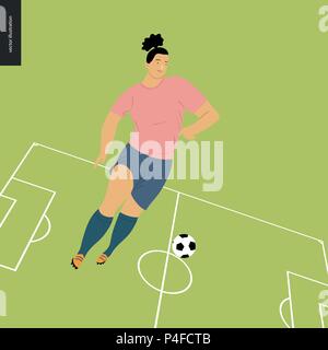 Frauen im europäischen Fußball, soccer Player - Flachbild Vector Illustration - junge Frau trägt der europäische Fußball Spieler Ausrüstung kicken Fußball auf Bac Stock Vektor