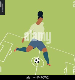 Frauen im europäischen Fußball, soccer Player - Flachbild Vector Illustration - junge Frau trägt der europäische Fußball Spieler Ausrüstung kicken Fußball auf Bac Stock Vektor