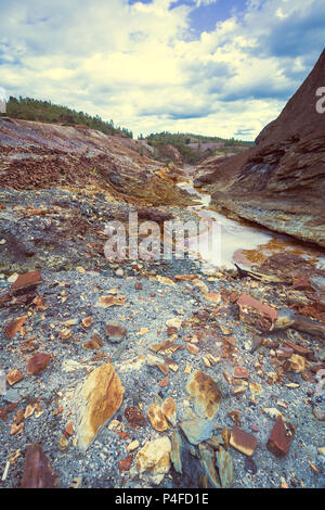 Acid orange Wasser zwischen den Klippen, mit Pinienwald im Hintergrund in der alten Zaranda Mine, Spanien Stockfoto