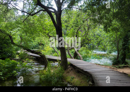 Blick auf einen hölzernen Trail durch die Flüsse der Nationalpark Krka, Kroatien Stockfoto