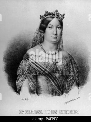 LITOGRAFIA de Isabel II. von Bourbon (1830-1904). Autor: Julio Donon (19.). Lage: MUSEO ROMANTICO - GRABADO, MADRID, SPANIEN. Stockfoto