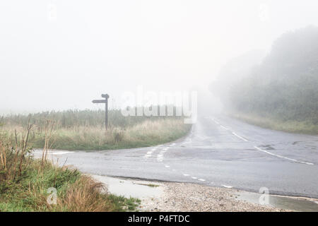 Holz- Schild an einer Kreuzung auf einem nebelhaften Feldweg in der Nähe von bincombe in Dorset, England, Großbritannien Stockfoto
