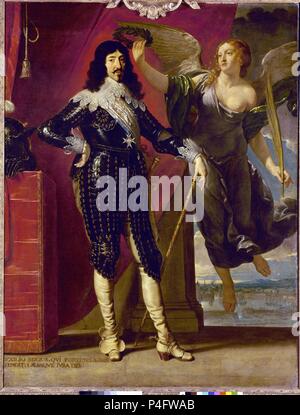 Louis XIII., durch den Sieg gekrönt - 1635 - 228,5 x 175 cm - Öl auf Leinwand - französischen Barock. Autor: Philippe de Champaigne (1602-1674). Lage: Louvre Museum - Gemälde. Auch als: RETRATO DE LUIS XIII - GALERIA DE HOMBRES ILUSTRES DEL PALACIO DEL CARDENAL RICHELIEU bekannt. Stockfoto