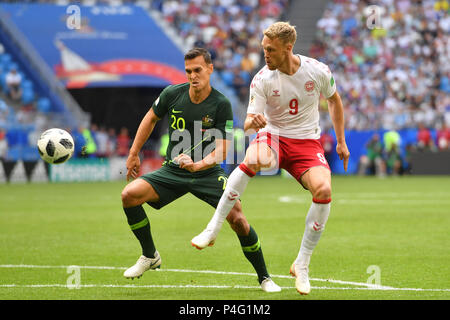 Samara, Russland. 21 Juni, 2018. Nicolai JORGENSEN (DEN), Aktion, Duelle gegen Trent Sainsbury (AF: Dänemark (DEN) - Australien (AUS) 1-1, Vorrunde, Gruppe C, 22, über 21/06/in Samara, Samara Arena, Fußball-WM 2018 2018 in Russland vom 14.06. - 15.07.2018. | Verwendung der weltweiten Kredit: dpa/Alamy leben Nachrichten Stockfoto