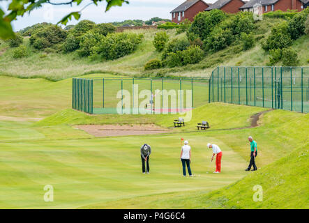 North Berwick, Schottland, Vereinigtes Königreich, 22. Juni 2018. Ein paar genießen Sie eine Partie Tennis und Menschen auf dem Putting Green an einem sonnigen Tag. North Berwick ist die Heimat von mehreren Putting Greens und Golfplätze. Stockfoto