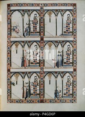 Spanish School. Cantigas de Santa Maria (Manuskript mit Musik Notationen): Jungfrau Maria Drehen des Teufels Statue in Schwarz. 13. Jahrhundert. Canticum, n° 219, Folio 93 R. Florenz, National Library. Autor: Alfons X. von Kastilien, der Weise (1221-1284). Lage: COLECCIÓN Biblioteca Nacional, Florenz, Italien. Stockfoto