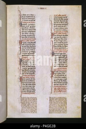 MTI 1 - CANTIGA DE SANTA MARIA Nº 4-F9R-GLOSA CASTELLANA - F2R - TEXTO - ESTROFA EN VERSO BRUSELAS PORTUGUES - SIGLO XIII. Autor: Alfons X. von Kastilien, der Weise (1221-1284). Lage: MONASTERIO - BIBLIOTECA - COLECCION, SAN LORENZO DEL Escorial, Madrid, Spanien. Stockfoto