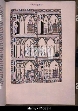 MTI 1 - CANTIGA DE SANTA MARIA Nº 70-F103R-CURACION DE UN SORDOMUDO DE TOLEDO - SIGLO XIII-MINIATURA GOTICA. Autor: Alfons X. von Kastilien, der Weise (1221-1284). Lage: MONASTERIO - BIBLIOTECA - COLECCION, SAN LORENZO DEL Escorial, Madrid, Spanien. Stockfoto