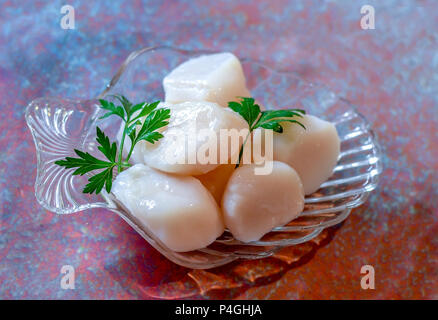 Raw Jakobsmuscheln auf einer Shell Platte Stockfoto