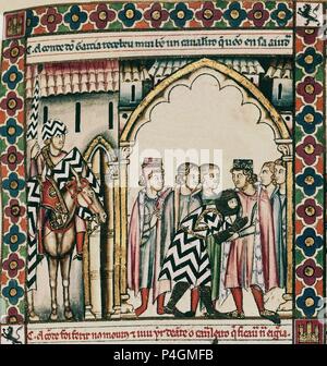 MTI 1 - CANTIGA DE SANTA MARIA Nº 63 - F92 R-LA VIRGEN SALVA EIN UN-CABALLERO DE LA BATALLA DE SAN ESTEBAN DE GORMAZ - 1 ª 1 ª VIÑETA DE LA FILA-Cj 18938. Autor: Alfons X. von Kastilien, der Weise (1221-1284). Lage: MONASTERIO - BIBLIOTECA - COLECCION, SAN LORENZO DEL Escorial, Madrid, Spanien. Stockfoto