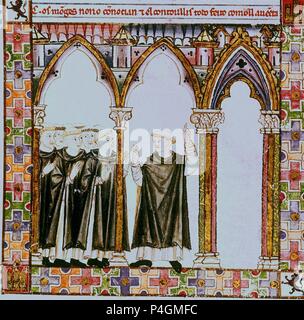 MTI 1 - CANTIGA DE SANTA MARIA Nº 103 - F 148 V-MONJE PASA TRES SIGLOS ESCUCHANDO EL CANTO DE AVE CELESTIAL-S XIII-1 ª 3 ª VIÑETA DE LA FILA-Cj 18943. Autor: Alfons X. von Kastilien, der Weise (1221-1284). Lage: MONASTERIO - BIBLIOTECA - COLECCION, SAN LORENZO DEL Escorial, Madrid, Spanien. Stockfoto