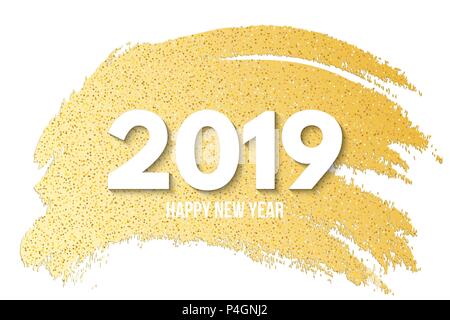 Frohes neues Jahr 2019. Luxus Banner von golden glänzt. Hand gezeichnet. Gold Pinsel in grunge Stil. Golden Line von bestreichen und Pailletten. Vector Illustration. Stock Vektor