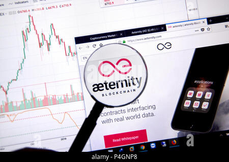 MONTREAL, KANADA - 20. JUNI 2018: Aeternity crypto Währung Startseite. Cryptocurrency ist eine digitale Währung, in der die Verschlüsselungstechniken verwendet werden. Stockfoto