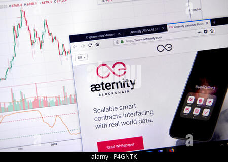 MONTREAL, KANADA - 20. JUNI 2018: Aeternity crypto Währung Startseite. Cryptocurrency ist eine digitale Währung, in der die Verschlüsselungstechniken verwendet werden. Stockfoto