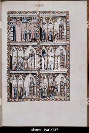 MTI 1 - CANTIGA DE SANTA MARIA Nº 101 - F 146 R - LA VIRGEN CURA EIN UN-SORDOMUDO - SIGLO XIII-MINIATURA GOTICA. Autor: Alfons X. von Kastilien, der Weise (1221-1284). Lage: MONASTERIO - BIBLIOTECA - COLECCION, SAN LORENZO DEL Escorial, Madrid, Spanien. Stockfoto