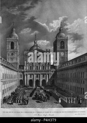 PATIO DE LOS REYES DEL MONASTERIO ESCORIAL - ENTRADA DE MAXIMILIANO PADRE DE Mª JOSEFA AMALIA DE SAJONIA - GRABADO SIGLO XIX. Autor: Fernando Brambila (1763-1832). Lage: MONASTERIO - BIBLIOTECA - COLECCION, SAN LORENZO DEL Escorial, Madrid, Spanien. Stockfoto