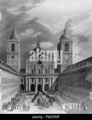 PATIO DE LOS REYES DEL MONASTERIO ESCORIAL - ENTRADA DE MAXIMILIANO PADRE DE Mª JOSEFA AMALIA DE SAJONIA - GRABADO SIGLO XIX. Autor: Fernando Brambila (1763-1832). Lage: MUSEO ROMANTICO - GRABADO, MADRID, SPANIEN. Stockfoto