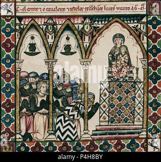 MTI 1 - CANTIGA DE SANTA MARIA Nº 63 - F92 R-LA VIRGEN SALVA EIN UN-CABALLERO DE LA BATALLA DE SAN ESTEBAN DE GORMAZ - 2 ª 3 ª VINETA DE LA FILA-Cj 18938. Autor: Alfons X. von Kastilien, der Weise (1221-1284). Lage: MONASTERIO - BIBLIOTECA - COLECCION, SAN LORENZO DEL Escorial, Madrid, Spanien. Stockfoto