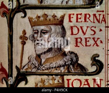 GENEALOGIA DE LOS REYES DE ESPAÑA - FERNANDO DE PORTUGAL 1367/1383. Autor: Alonso de Cartagena (1385-1456). Lage: Biblioteca Nacional - COLECCION, MADRID, SPANIEN. Stockfoto