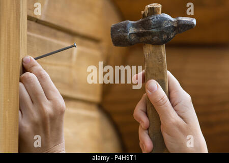 Clouseup der Hände nail Hämmern im Plank Stockfoto