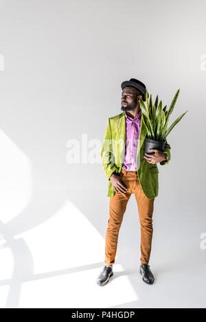 Modische afrikanische amerikanische Mann im Hut mit grüne Pflanze im Blumentopf in der Hand auf grauem Hintergrund posiert Stockfoto