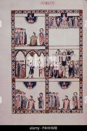 MTI 1 - CANTIGA DE SANTA MARIA Nº 50 - F74 V-LOOR A LA VIRGEN QUE PORQUE SE MUESTRA ENCARNO EL SEÑOR DE ELLA - SIGLO XIII. Autor: Alfons X. von Kastilien, der Weise (1221-1284). Lage: MONASTERIO - BIBLIOTECA - COLECCION, SAN LORENZO DEL Escorial, Madrid, Spanien. Stockfoto