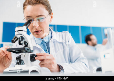 Selektiver Fokus der Wissenschaftlerin suchen gründliche Mikroskop auf Reagenz mit Kollegen hinter im Labor Stockfoto