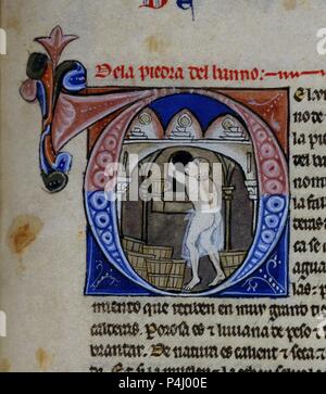 DE LA PIEDRA DEL BAÑO. LAPIDARIO HI 15. FOLIO 69 R. 1253. MANUSCRITO ALFONSI S XIII. Autor: Alfons X. von Kastilien, der Weise (1221-1284). Lage: MONASTERIO - BIBLIOTECA - COLECCION, SAN LORENZO DEL Escorial, Madrid, Spanien. Stockfoto