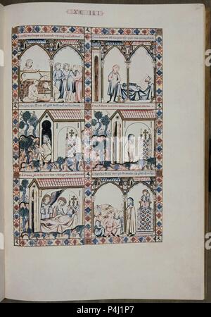 MTI 1 - CANTIGA DE SANTA MARIA Nº 93-F135R-LA VIRGEN SANA AL HIJO DE UN BURGUES QUE ERA LEPROSO - SIGLO XIII. Autor: Alfons X. von Kastilien, der Weise (1221-1284). Lage: MONASTERIO - BIBLIOTECA - COLECCION, SAN LORENZO DEL Escorial, Madrid, Spanien. Stockfoto