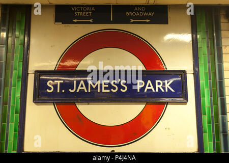 St. James Park Zeichen in der Londoner U-Bahn Stockfoto