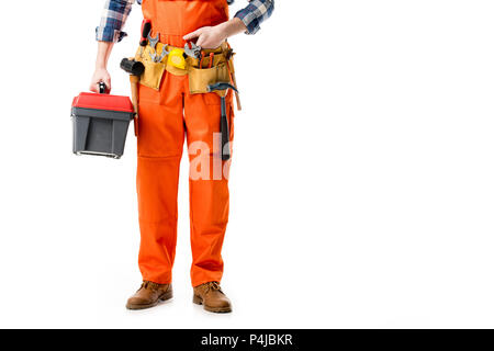 7/8-Ansicht der reparateur Holding tool box in Orange insgesamt isoliert auf weißem Stockfoto