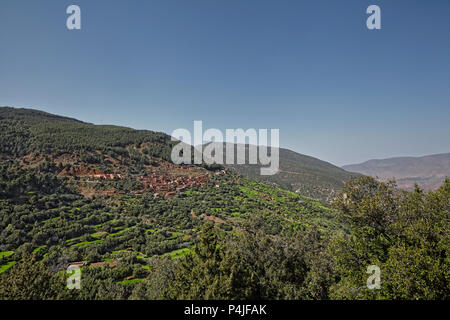 Ourika Tal Landschaften, Marokko. Fruchtbare Tal in den Schatten des schneebedeckten Hohen Atlas, etwa 60 Kilometer von Marrakesch Stockfoto