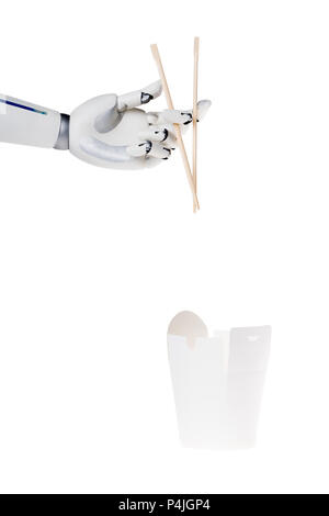 Roboter Hand mit Stäbchen oben Papierschachtel mit Nudeln isoliert auf weißem Stockfoto