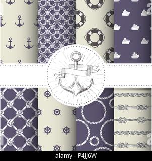 Einstellen der Meeres- und nautischen Hintergründe - Meer Thema nahtlose Muster Sammlung Stock Vektor