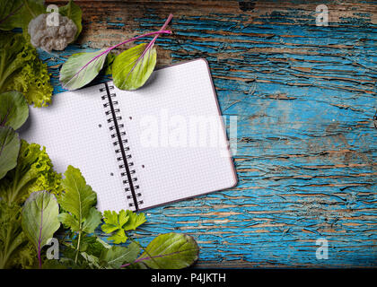 Leere Kochbuch für Kopie Raum und Grün auf Blau Holz- Hintergrund Stockfoto