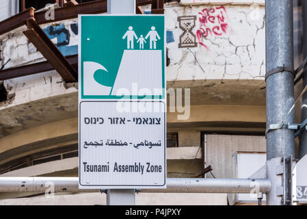 Tsunami Montage zone Schild, Tel Aviv, Israel Stockfoto