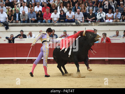 August 13, 2015 - Beziers, Frankreich: Französisch matador Sébastien Castella, einer der bekanntesten Stierkämpfer der Welt, führt bei einer Corrida in seiner Geburtsstadt Beziers. Trotz der wachsenden Opposition von Tier rechte Gruppen, Stierkampf bleibt populär in Süd frankreich. Stierkampf Liebhaber berichten, dass die Praxis noch mehr echt ist in Südfrankreich als in den Nachbarländern, weil Spanien Stierkampf auf kommunaler Ebene organisiert wird, durch Gruppen von Menschen die tauromachy Traditionen verpflichtet. Corrida organizee dans le cadre de la Feria de Beziers. Le Maire de Beziers Robert Stockfoto