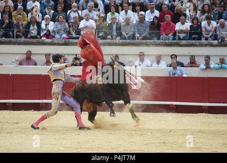 August 13, 2015 - Beziers, Frankreich: Französisch matador Sébastien Castella, einer der bekanntesten Stierkämpfer der Welt, führt bei einer Corrida in seiner Geburtsstadt Beziers. Trotz der wachsenden Opposition von Tier rechte Gruppen, Stierkampf bleibt populär in Süd frankreich. Stierkampf Liebhaber berichten, dass die Praxis noch mehr echt ist in Südfrankreich als in den Nachbarländern, weil Spanien Stierkampf auf kommunaler Ebene organisiert wird, durch Gruppen von Menschen die tauromachy Traditionen verpflichtet. Corrida organizee dans le cadre de la Feria de Beziers. Le Maire de Beziers Robert Stockfoto