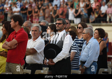 August 12, 2015 - Beziers, Frankreich: Tausende von Beziers Stadtmenschen nehmen Sie teil an einer katholischen Messe in der stierkampfarena vor der Eröffnung der "Feria", ein Sommerfest der Straßenfeste und Stierkampf. Neuer Bürgermeister der Stadt, Robert Menard, hat die große öffentliche Masse in der Arena im Rahmen seiner kommunalen Programm katholischen Traditionen der Stadt neu zu beleben, erlaubt. Une Prozession avec la Vierge Marie traverse Les Rues de Beziers avant d'arriver Dans Les Arenes pour une Messe en plein air, dans le cadre de la Feria de Beziers. Le Maire de Beziers Robert Menard, proche d Stockfoto