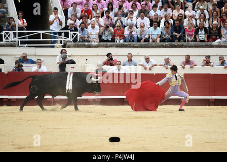 August 13, 2015 - Beziers, Frankreich: Französisch matador Sébastien Castella, einer der bekanntesten Stierkämpfer der Welt, führt bei einer Corrida in seiner Geburtsstadt Beziers. Trotz der wachsenden Opposition von Tier rechte Gruppen, Stierkampf bleibt populär in Süd frankreich. Stierkampf Liebhaber berichten, dass die Praxis noch mehr echt ist in Südfrankreich als in den Nachbarländern, weil Spanien Stierkampf auf kommunaler Ebene organisiert wird, durch Gruppen von Menschen die tauromachy Traditionen verpflichtet. Corrida organizee dans le cadre de la Feria de Beziers. Le Maire de Beziers Robert Stockfoto