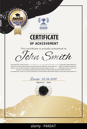 Offizielle grau Zertifikat mit gold schwarz Design Elemente und gold-Emblem. Luxus Hintergrund.. Blots hand gezeichnete Skizze scribble Formen. Skalenhaube und Schale flach Symbole. Stock Vektor