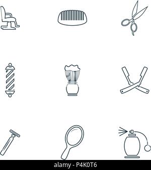 Barbershop Symbole gesetzt. Schaum Pinselsymbol, Spiegel Symbol, Symbol Schere, Friseur Stuhl und mehr. Premium Qualität symbol Collection. Barbershop Icon Set einfache Elemente. Stock Vektor