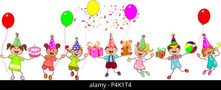 Gruppe der Kinder mit Geschenken und Luftballons. Glückliche Kinder mit Geschenken auf einem weißen Hintergrund. Kinder gratulieren Herzlichen Glückwunsch zum Geburtstag. Cartoon von Freudiger Stock Vektor