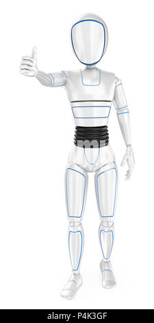3d-futuristischen android Abbildung. Humanoide Roboter mit dem Daumen nach oben. Isoliert weißer Hintergrund. Stockfoto