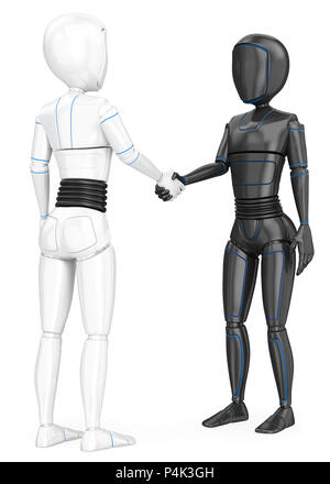 3d-futuristischen android Abbildung. Humanoide Roboter Händeschütteln mit einem anderen Roboter. Isoliert weißer Hintergrund. Stockfoto