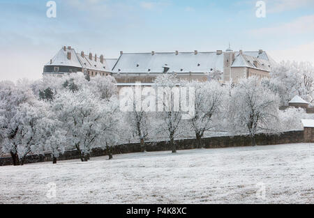 Winterliche Landschaft mit Burg Cerveny Kamen, Slowakei Stockfoto